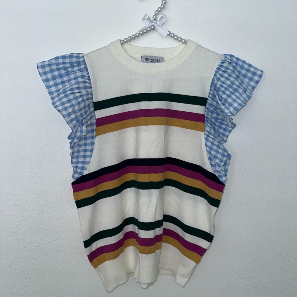 Periwinkle by Barlow Multicolor Striped Blouse with Gingham Ruffle Sleeves